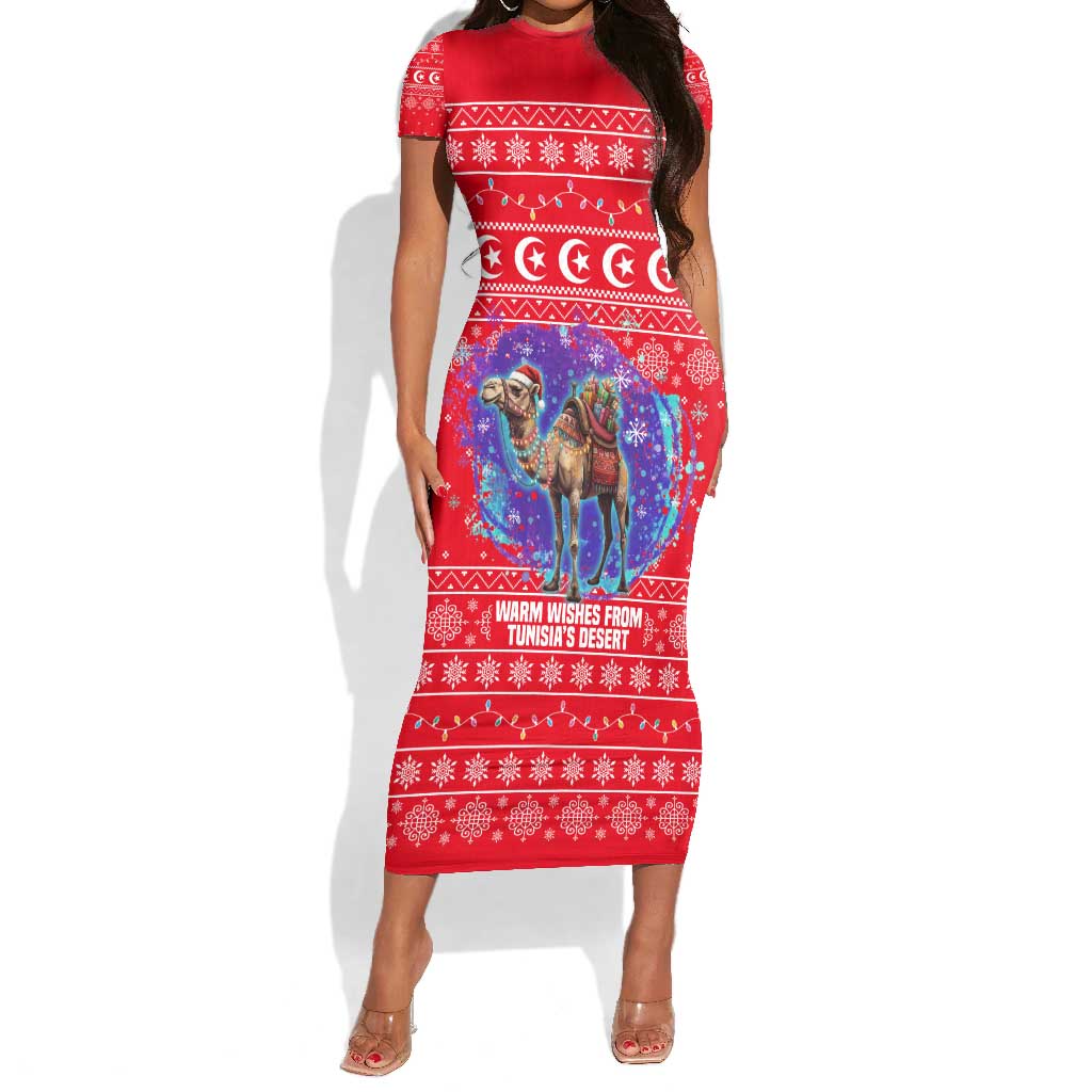 Tunisia Christmas Short Sleeve Bodycon Dress Desert Camel Crescent Snowflake Pattern - African Pride