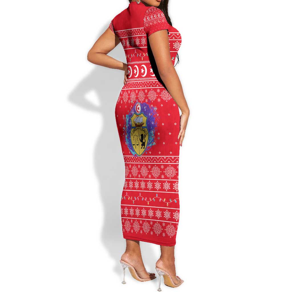 Tunisia Christmas Short Sleeve Bodycon Dress Desert Camel Crescent Snowflake Pattern - African Pride