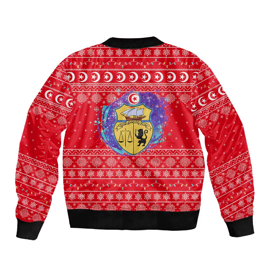 Tunisia Christmas Sleeve Zip Bomber Jacket Desert Camel Crescent Snowflake Pattern - African Pride