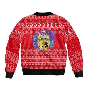 Tunisia Christmas Sleeve Zip Bomber Jacket Desert Camel Crescent Snowflake Pattern - African Pride