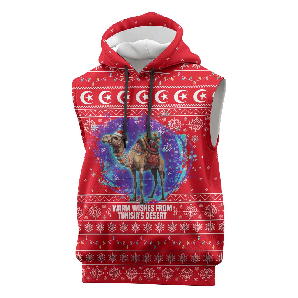 Tunisia Christmas Sleeveless Hoodie Desert Camel Crescent Snowflake Pattern - African Pride