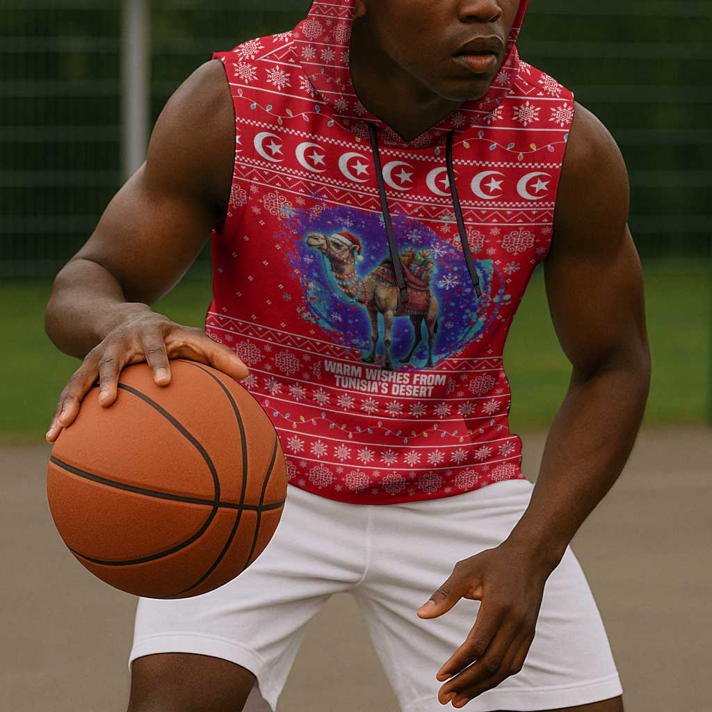 Tunisia Christmas Sleeveless Hoodie Desert Camel Crescent Snowflake Pattern - African Pride