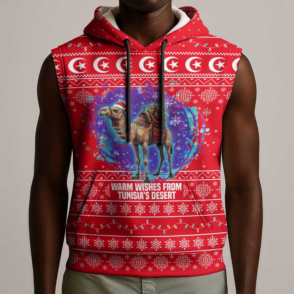 Tunisia Christmas Sleeveless Hoodie Desert Camel Crescent Snowflake Pattern - African Pride