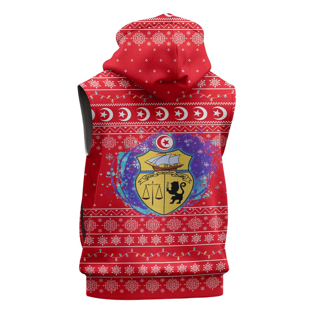 Tunisia Christmas Sleeveless Zip Hoodie Desert Camel Crescent Snowflake Pattern - African Pride