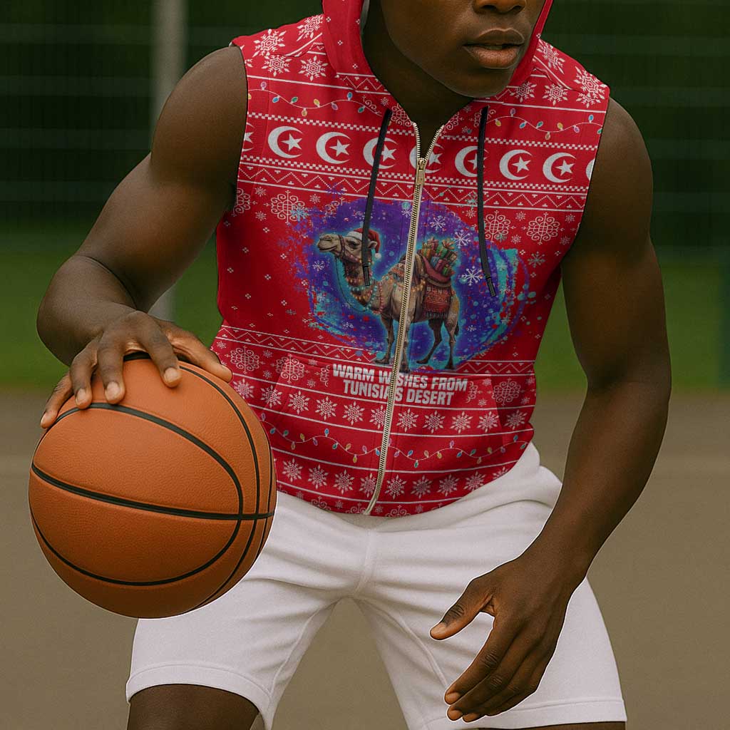 Tunisia Christmas Sleeveless Zip Hoodie Desert Camel Crescent Snowflake Pattern - African Pride