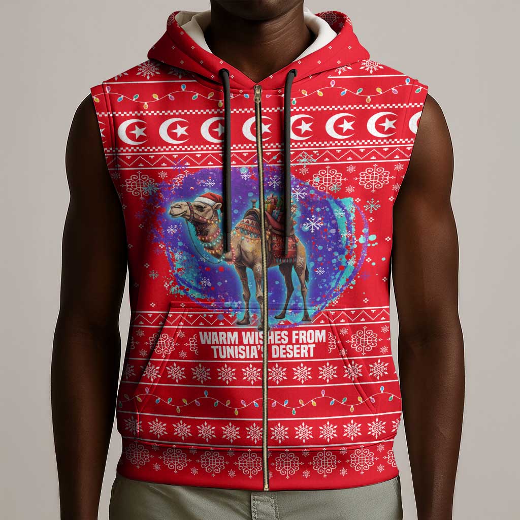 Tunisia Christmas Sleeveless Zip Hoodie Desert Camel Crescent Snowflake Pattern - African Pride