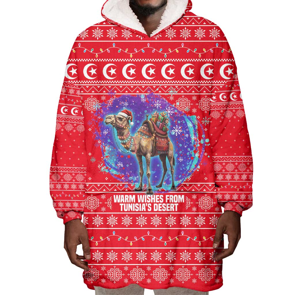 Tunisia Christmas Wearable Blanket Hoodie Desert Camel Crescent Snowflake Pattern - African Pride