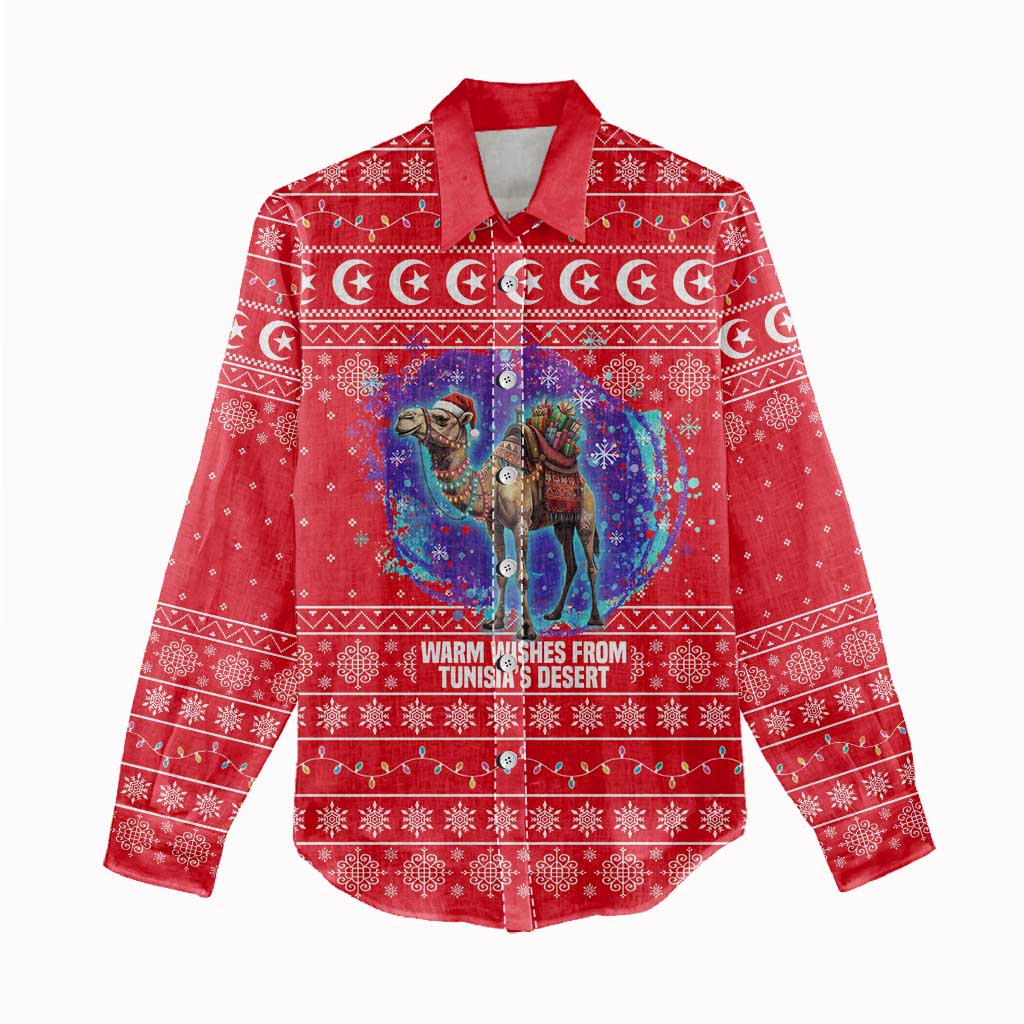 Tunisia Christmas Women Casual Shirt Desert Camel Crescent Snowflake Pattern - African Pride
