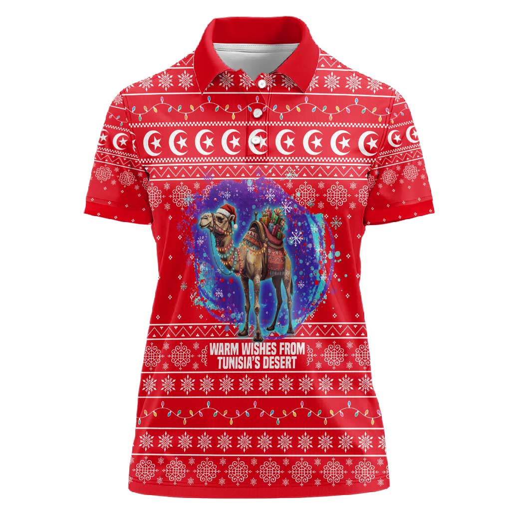 Tunisia Christmas Women Polo Shirt Desert Camel Crescent Snowflake Pattern - African Pride