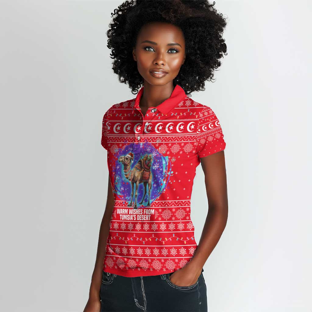 Tunisia Christmas Women Polo Shirt Desert Camel Crescent Snowflake Pattern - African Pride