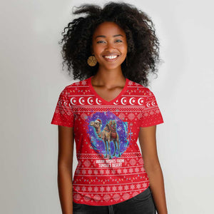 Tunisia Christmas Women V-Neck T-Shirt Desert Camel Crescent Snowflake Pattern - African Pride
