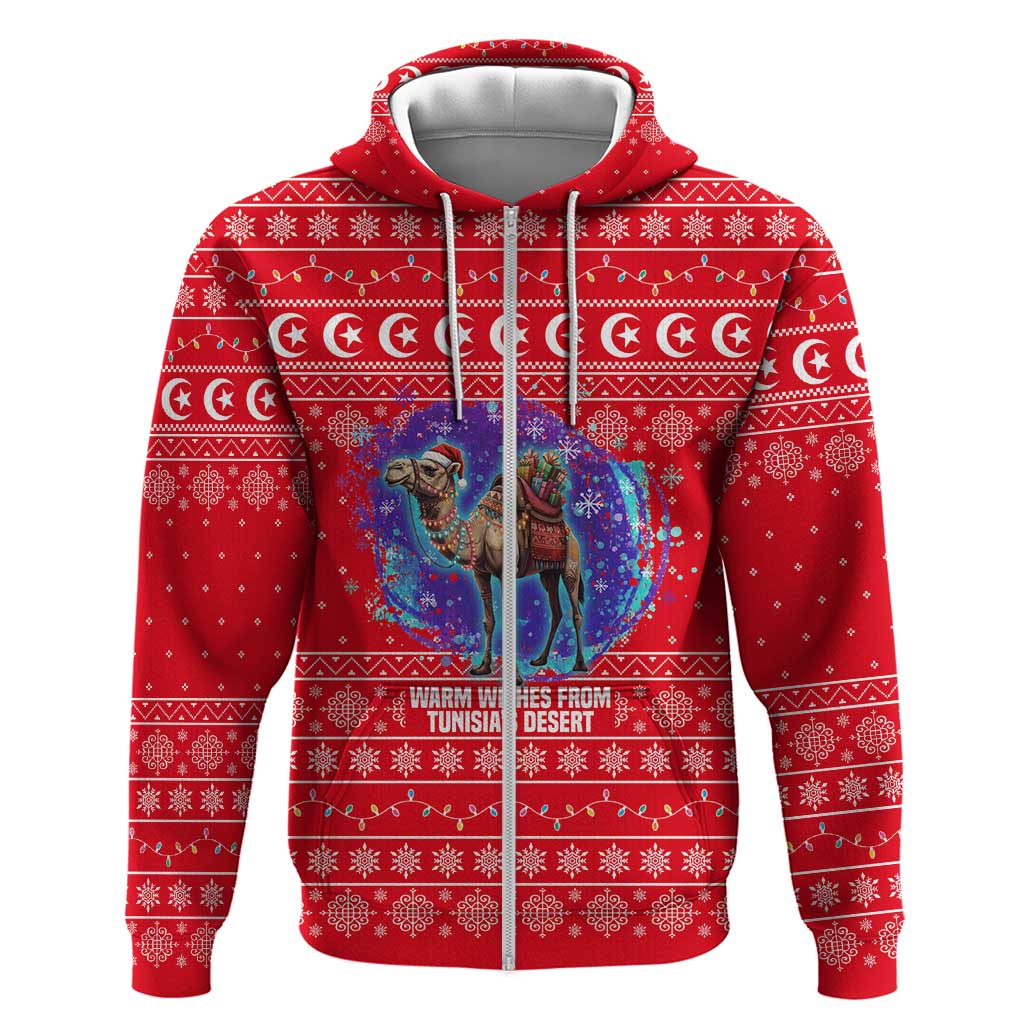 Tunisia Christmas Zip Hoodie Desert Camel Crescent Snowflake Pattern - African Pride