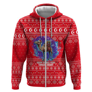 Tunisia Christmas Zip Hoodie Desert Camel Crescent Snowflake Pattern - African Pride