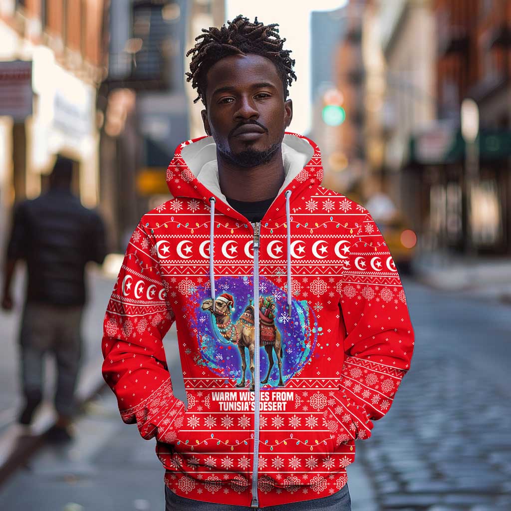 Tunisia Christmas Zip Hoodie Desert Camel Crescent Snowflake Pattern - African Pride