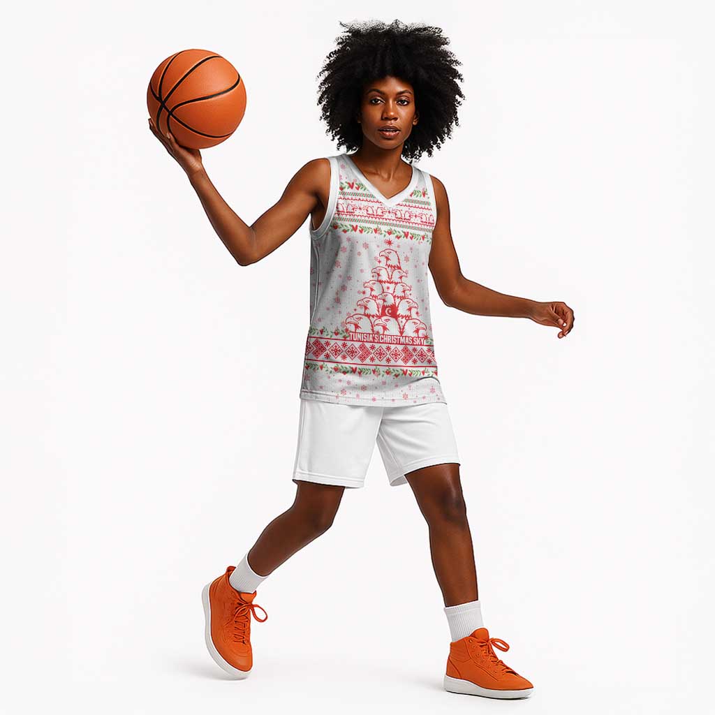 Tunisia Christmas Basketball Jersey Falcon Tree Snowflake and Festive Borders - African Pride