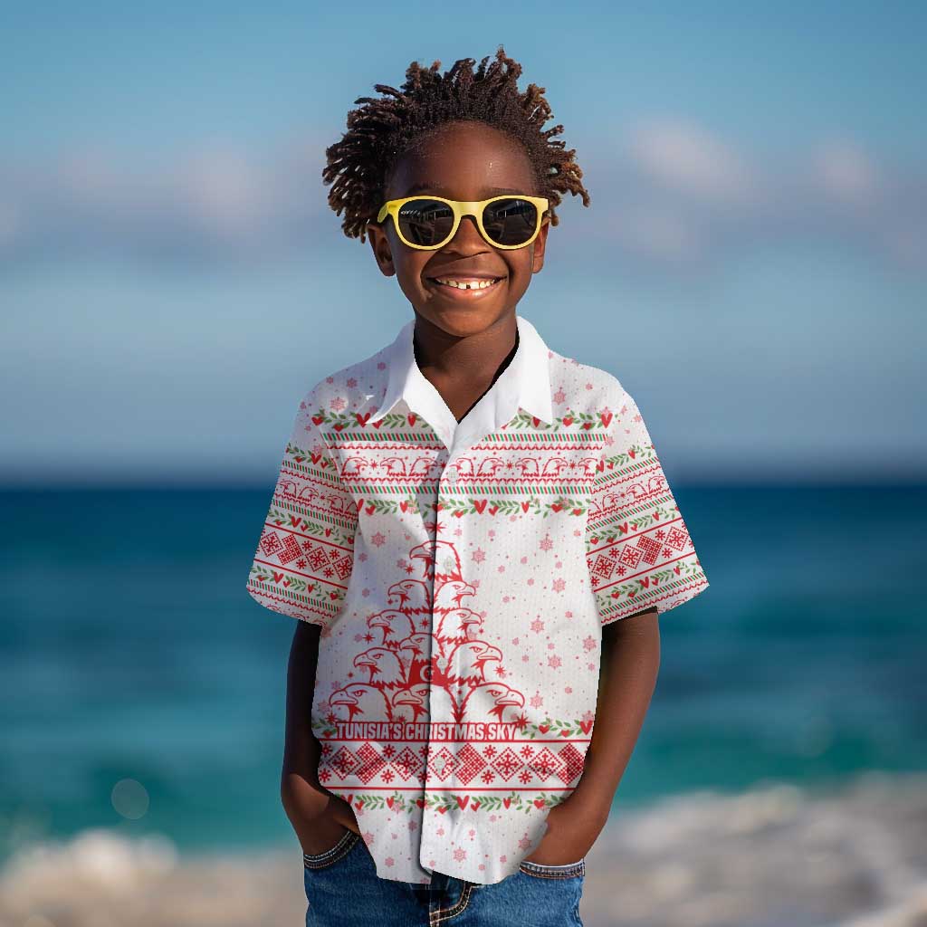 Tunisia Christmas Kid Hawaiian Shirt Falcon Tree Snowflake and Festive Borders - African Pride