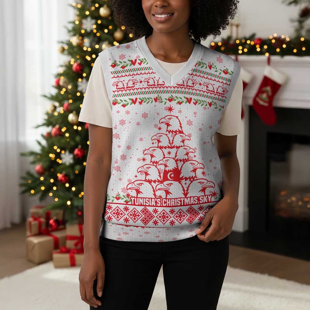 Tunisia Christmas Knitted V-Neck Vest Falcon Tree Snowflake and Festive Borders - African Pride