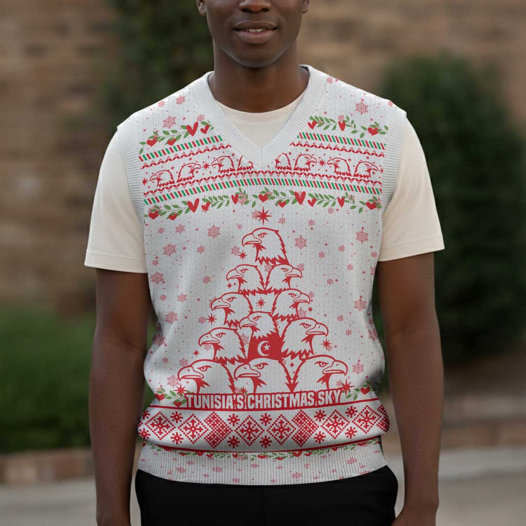 Tunisia Christmas Knitted V-Neck Vest Falcon Tree Snowflake and Festive Borders - African Pride