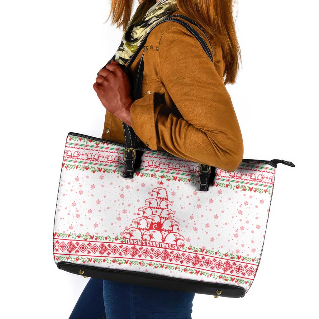 Tunisia Christmas Leather Tote Bag Falcon Tree Snowflake and Festive Borders - African Pride