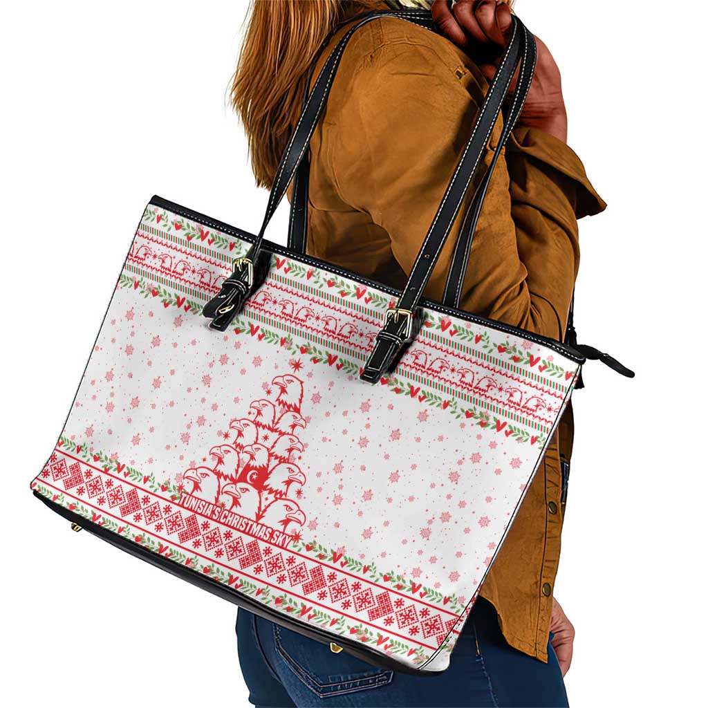 Tunisia Christmas Leather Tote Bag Falcon Tree Snowflake and Festive Borders - African Pride