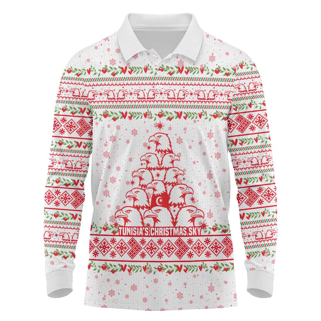 Tunisia Christmas Long Sleeve Polo Shirt Falcon Tree Snowflake and Festive Borders - African Pride