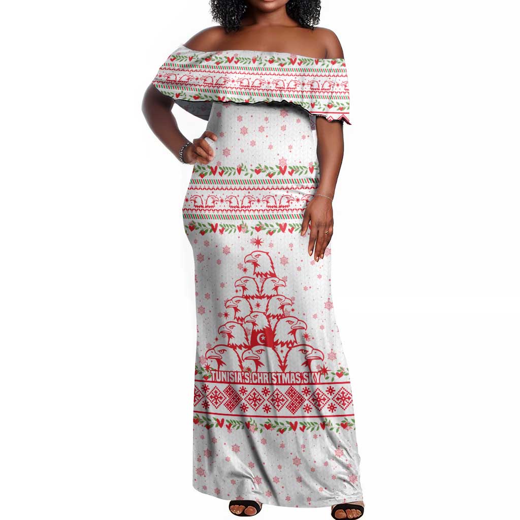 Tunisia Christmas Off Shoulder Maxi Dress Falcon Tree Snowflake and Festive Borders - African Pride