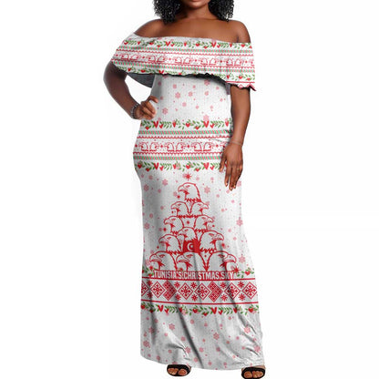 Tunisia Christmas Off Shoulder Maxi Dress Falcon Tree Snowflake and Festive Borders - African Pride