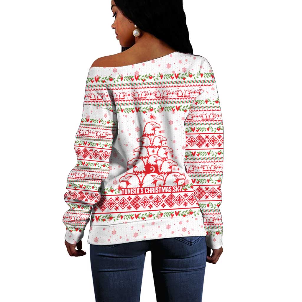 Tunisia Christmas Off Shoulder Sweater Falcon Tree Snowflake and Festive Borders - African Pride