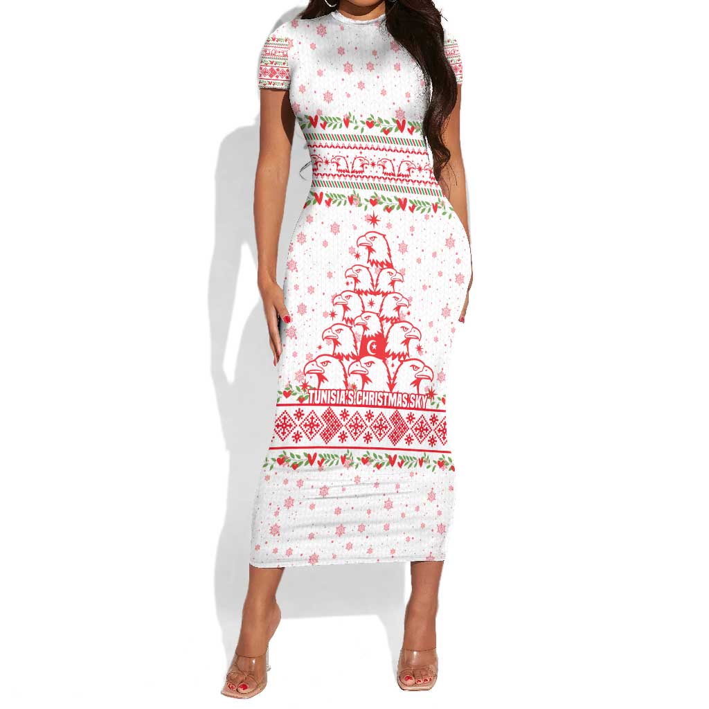 Tunisia Christmas Short Sleeve Bodycon Dress Falcon Tree Snowflake and Festive Borders - African Pride