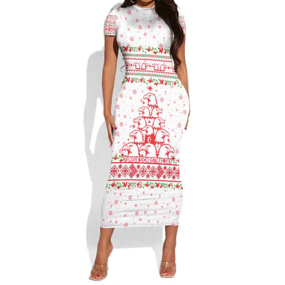 Tunisia Christmas Short Sleeve Bodycon Dress Falcon Tree Snowflake and Festive Borders - African Pride