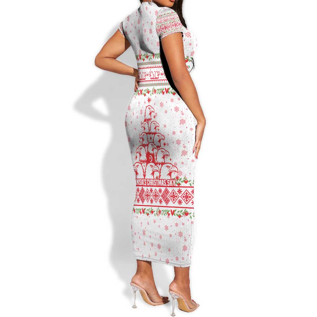 Tunisia Christmas Short Sleeve Bodycon Dress Falcon Tree Snowflake and Festive Borders - African Pride