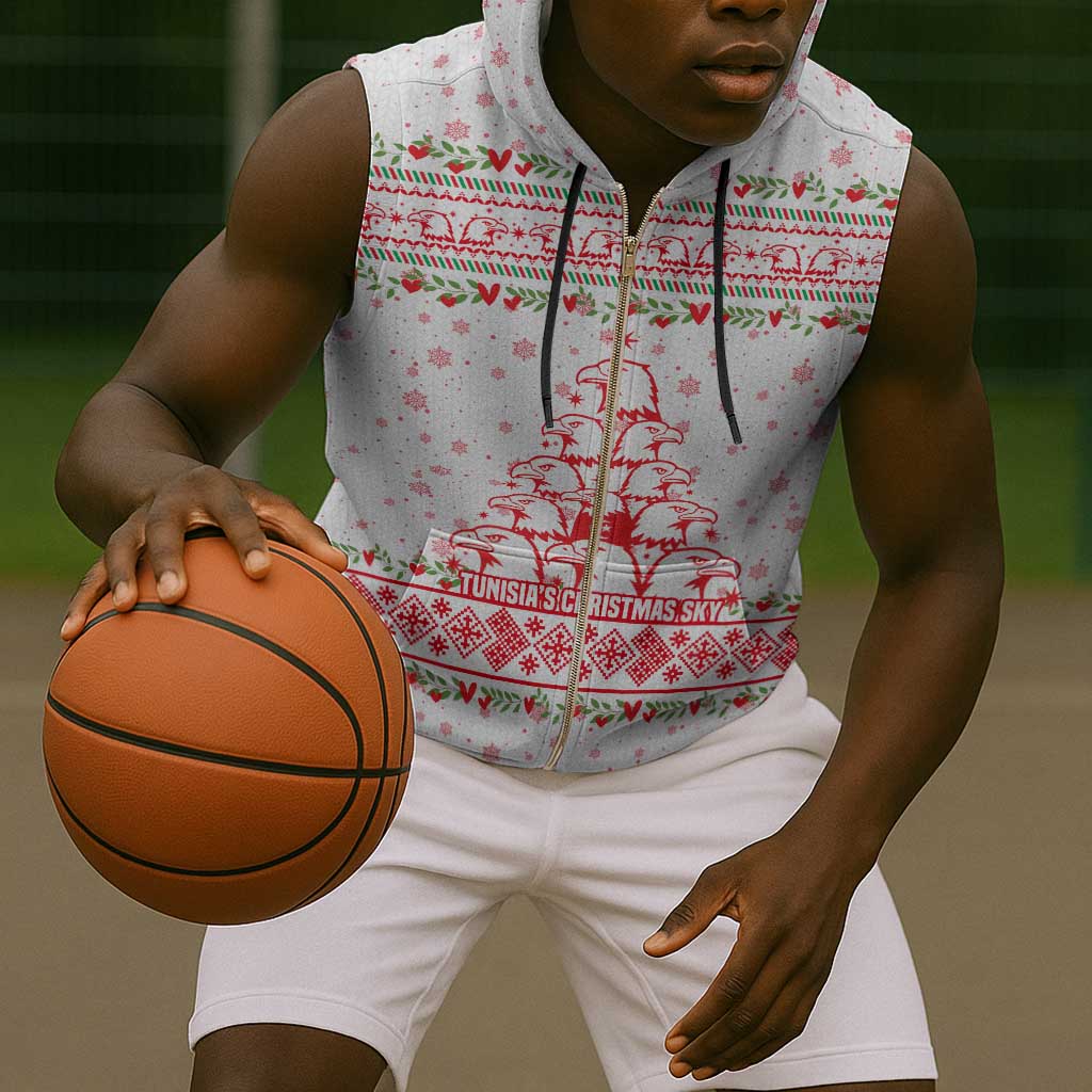 Tunisia Christmas Sleeveless Zip Hoodie Falcon Tree Snowflake and Festive Borders - African Pride