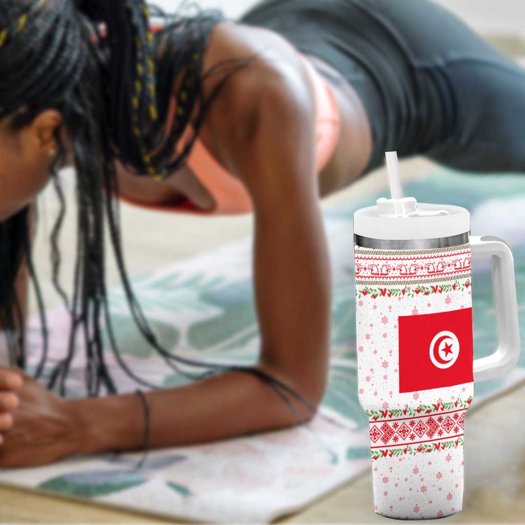 Tunisia Christmas Tumbler With Handle Falcon Tree Snowflake and Festive Borders - African Pride