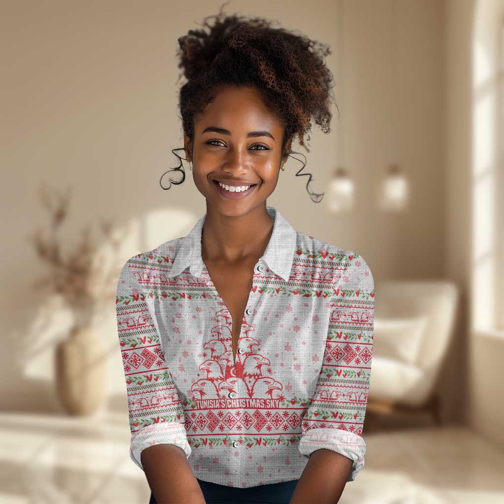 Tunisia Christmas Women Casual Shirt Falcon Tree Snowflake and Festive Borders - African Pride