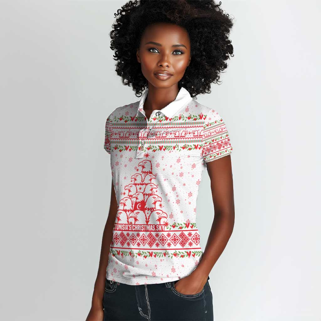 Tunisia Christmas Women Polo Shirt Falcon Tree Snowflake and Festive Borders - African Pride