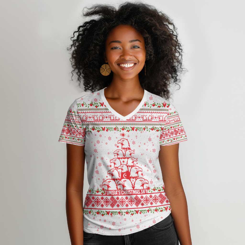 Tunisia Christmas Women V-Neck T-Shirt Falcon Tree Snowflake and Festive Borders - African Pride