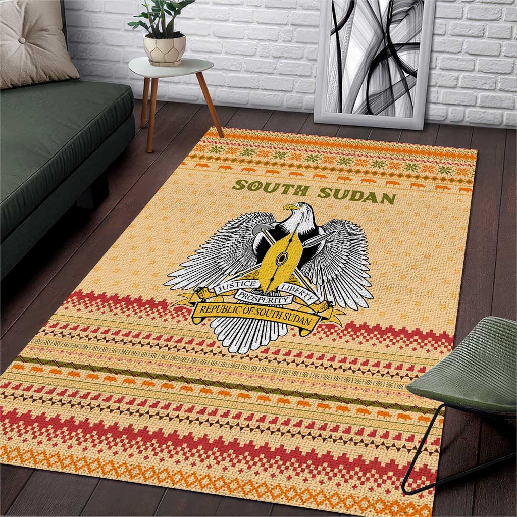 South Sudan Christmas Area Rug Beige Tribal Pattern, National Emblem, and Green Star Motif - African Pride