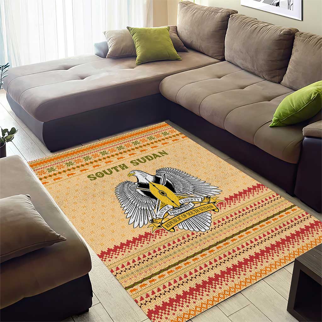 South Sudan Christmas Area Rug Beige Tribal Pattern, National Emblem, and Green Star Motif - African Pride