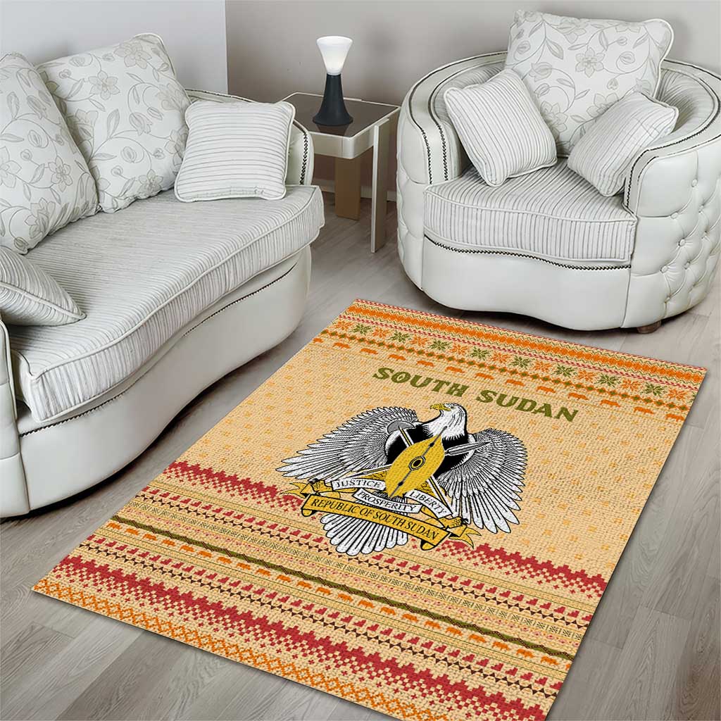 South Sudan Christmas Area Rug Beige Tribal Pattern, National Emblem, and Green Star Motif - African Pride