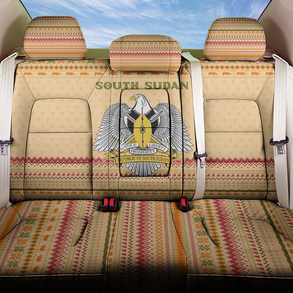 South Sudan Christmas Back Car Seat Cover Beige Tribal Pattern, National Emblem, and Green Star Motif - African Pride