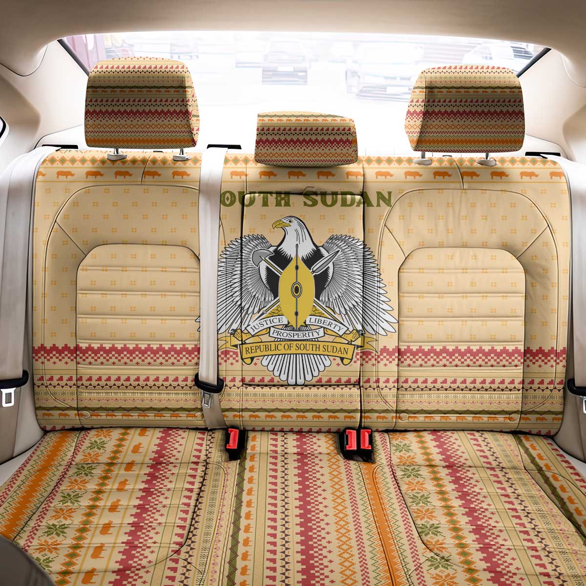 South Sudan Christmas Back Car Seat Cover Beige Tribal Pattern, National Emblem, and Green Star Motif - African Pride