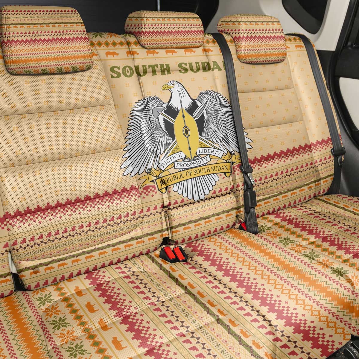 South Sudan Christmas Back Car Seat Cover Beige Tribal Pattern, National Emblem, and Green Star Motif - African Pride