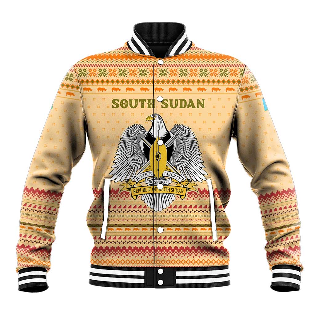 South Sudan Christmas Baseball Jacket Beige Tribal Pattern, National Emblem, and Green Star Motif - African Pride