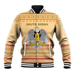 South Sudan Christmas Baseball Jacket Beige Tribal Pattern, National Emblem, and Green Star Motif - African Pride