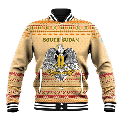 South Sudan Christmas Baseball Jacket Beige Tribal Pattern, National Emblem, and Green Star Motif - African Pride