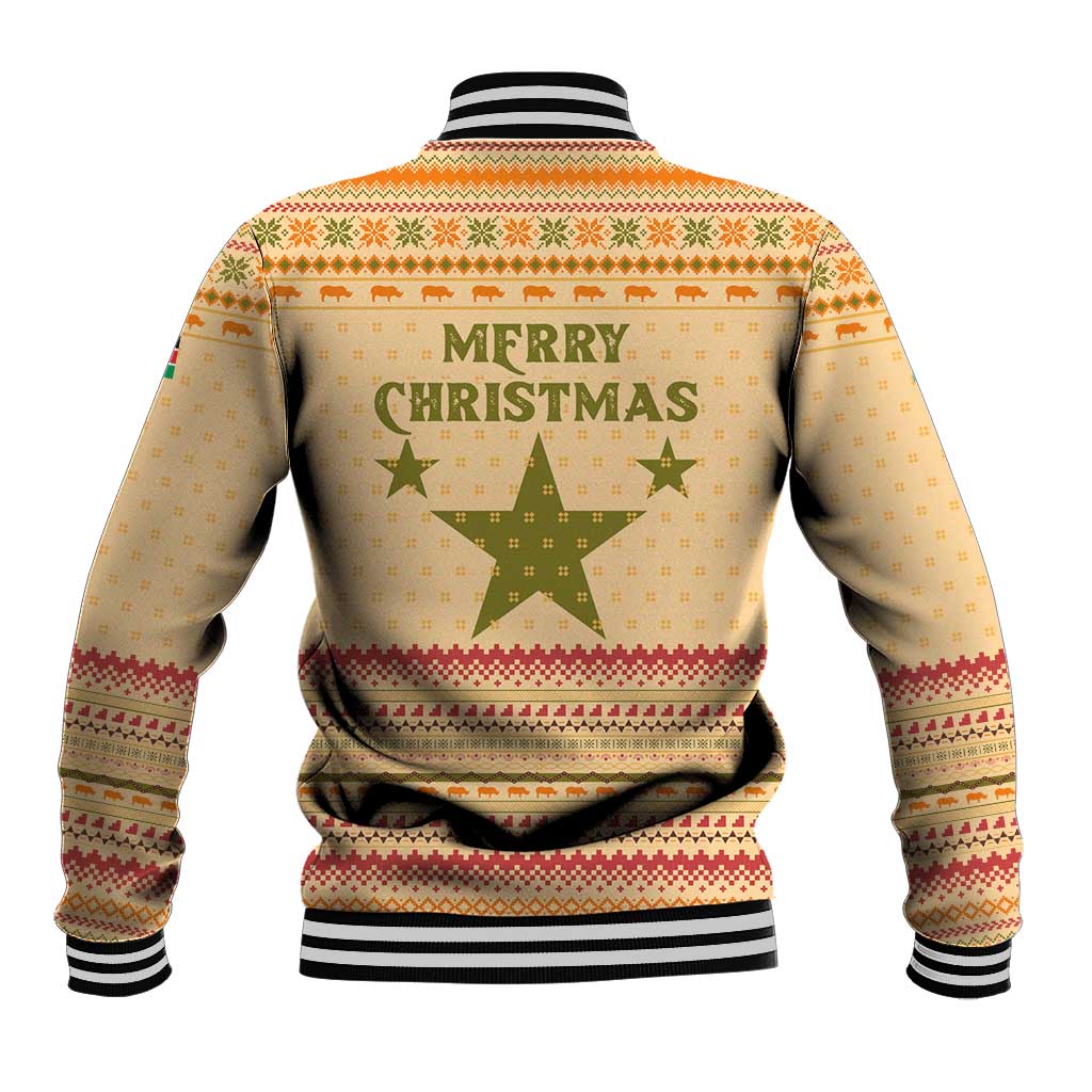 South Sudan Christmas Baseball Jacket Beige Tribal Pattern, National Emblem, and Green Star Motif - African Pride