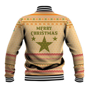 South Sudan Christmas Baseball Jacket Beige Tribal Pattern, National Emblem, and Green Star Motif - African Pride