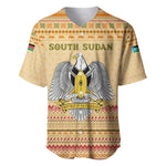 South Sudan Christmas Baseball Jersey Beige Tribal Pattern, National Emblem, and Green Star Motif - African Pride