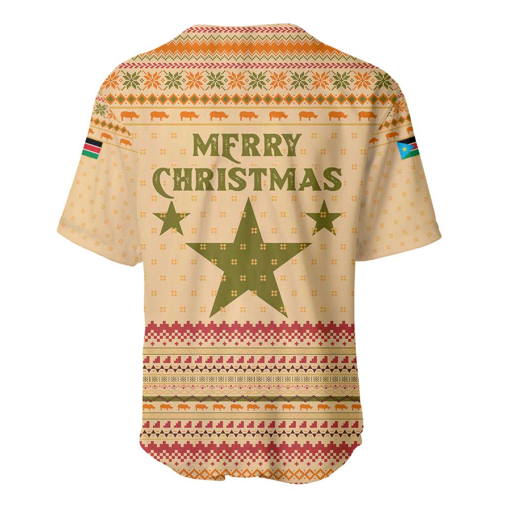 South Sudan Christmas Baseball Jersey Beige Tribal Pattern, National Emblem, and Green Star Motif - African Pride