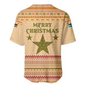 South Sudan Christmas Baseball Jersey Beige Tribal Pattern, National Emblem, and Green Star Motif - African Pride